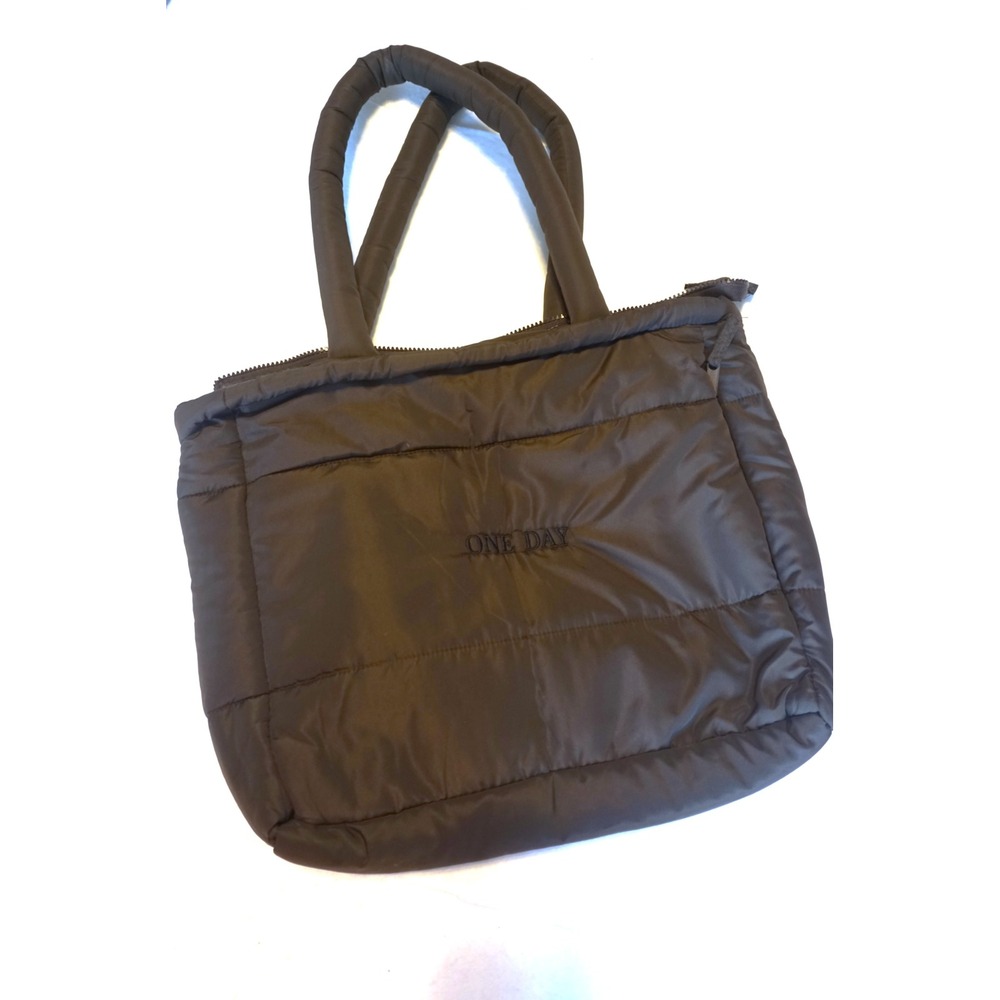 One Day Puffer Tote Bag Chocolate Brown Quilted Padded Zip Shoulder Bag